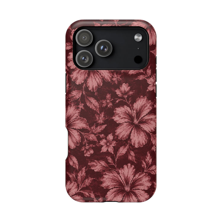 Magnetic Impact-Resistant Phone Case — Burgundy Floral Hibiscus Design