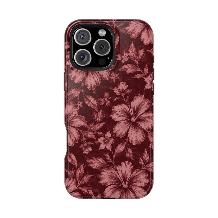 Magnetic Impact-Resistant Phone Case — Burgundy Floral Hibiscus Design