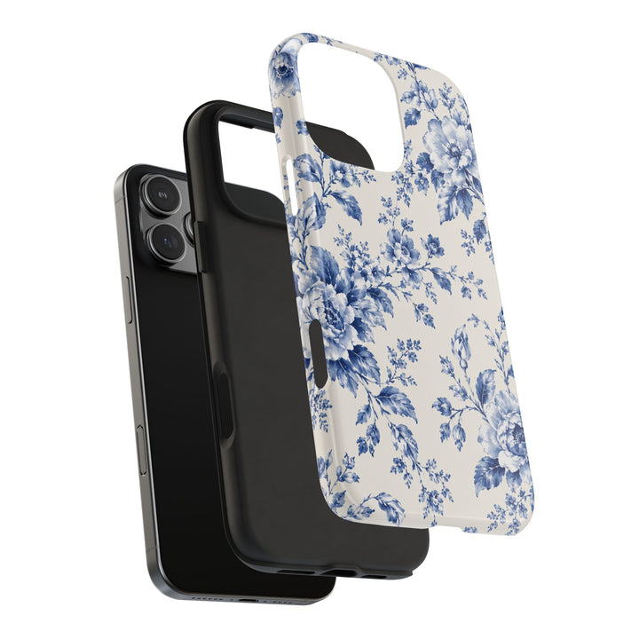 Blue Floral Tough Phone Case — Vintage Porcelain Rose Protective Cover
