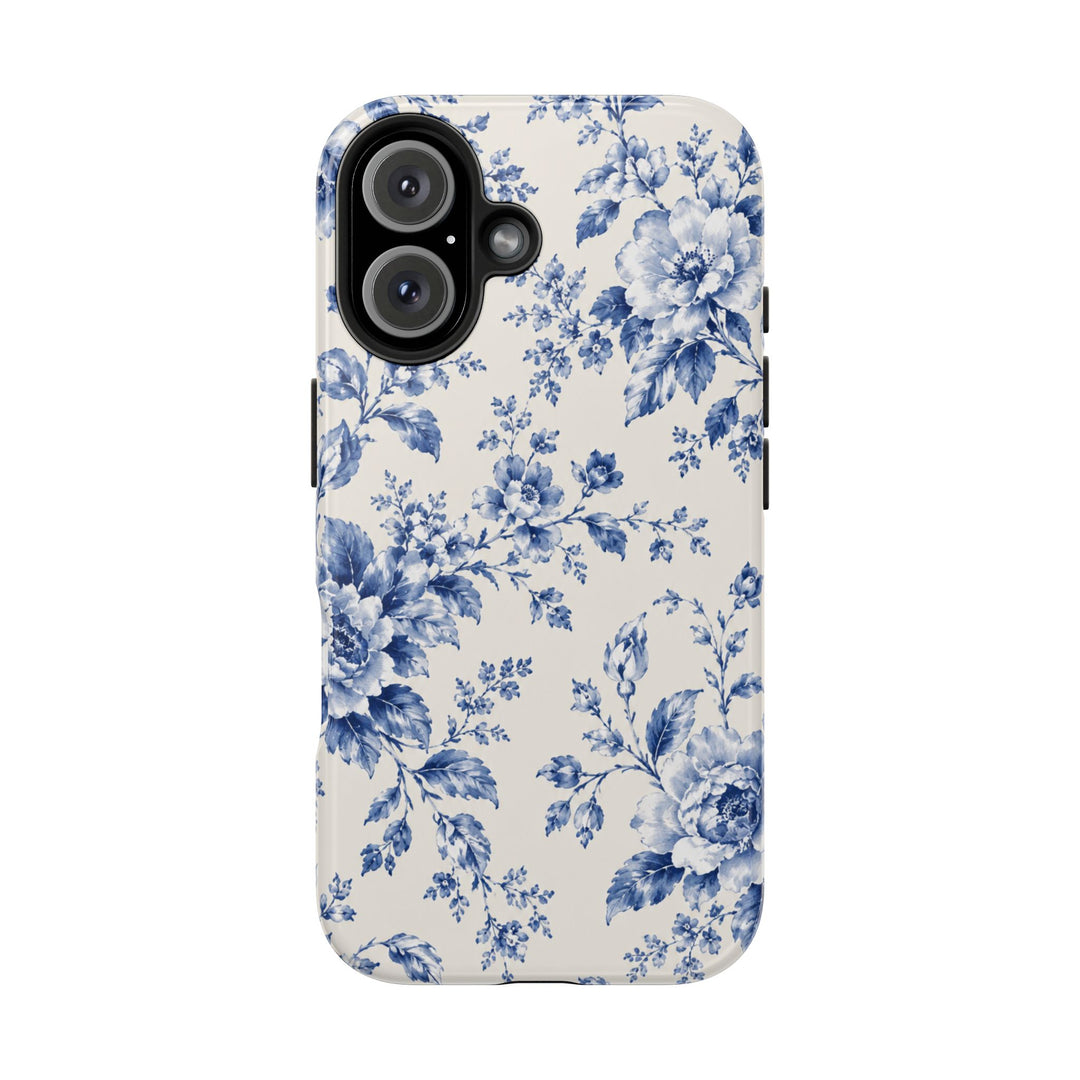 Blue Floral Tough Phone Case — Vintage Porcelain Rose Protective Cover