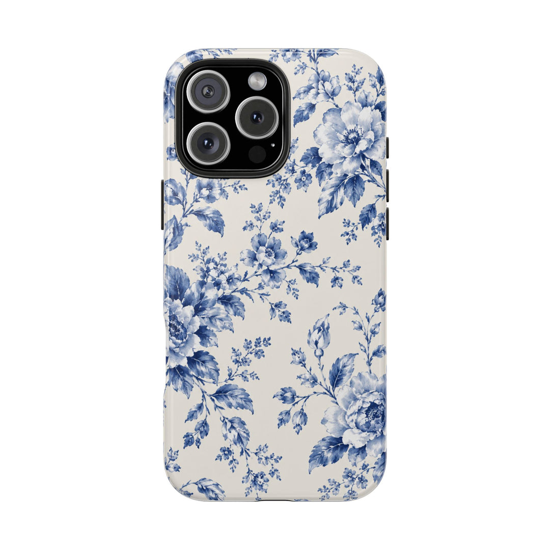 Blue Floral Tough Phone Case — Vintage Porcelain Rose Protective Cover