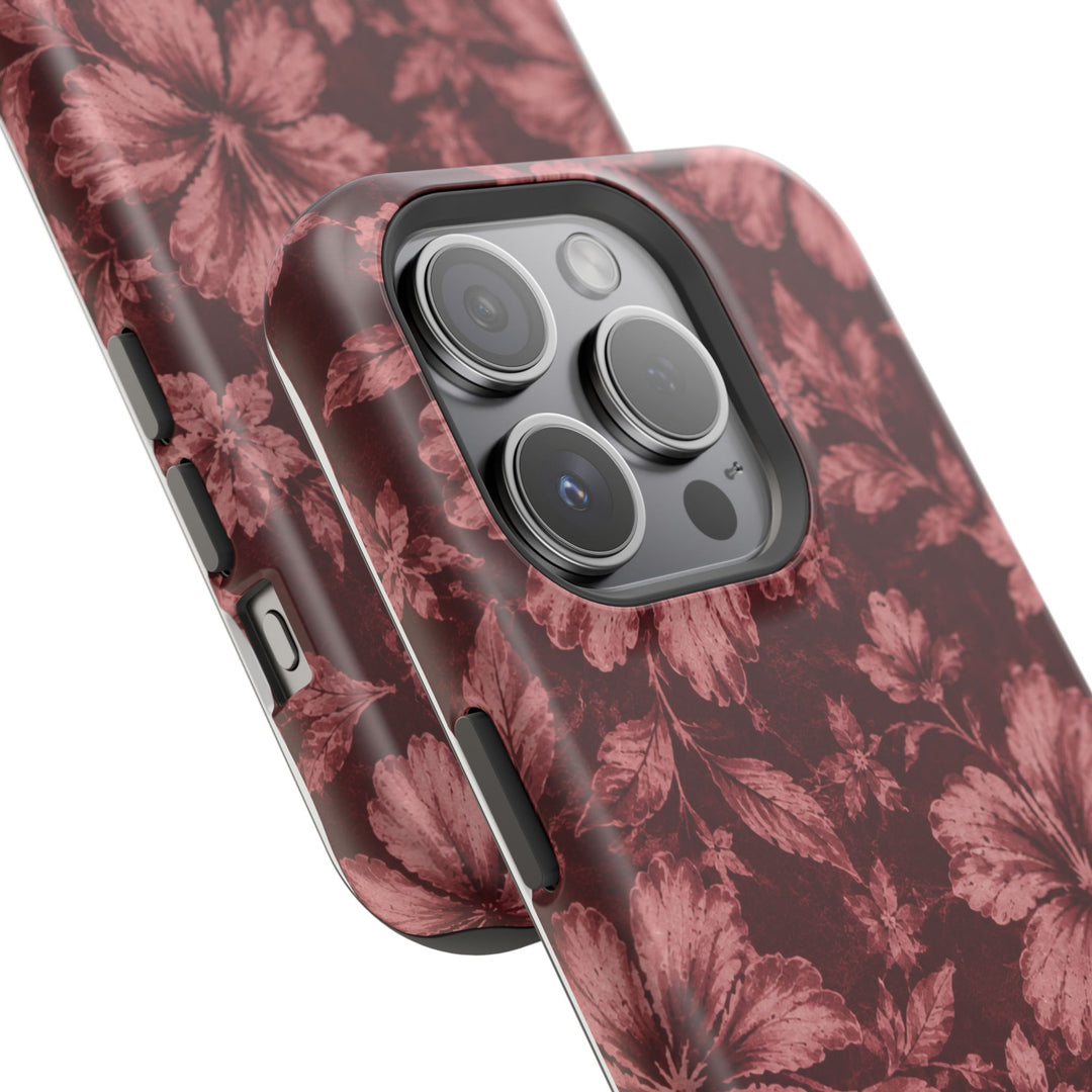 Magnetic Impact-Resistant Phone Case — Burgundy Floral Hibiscus Design