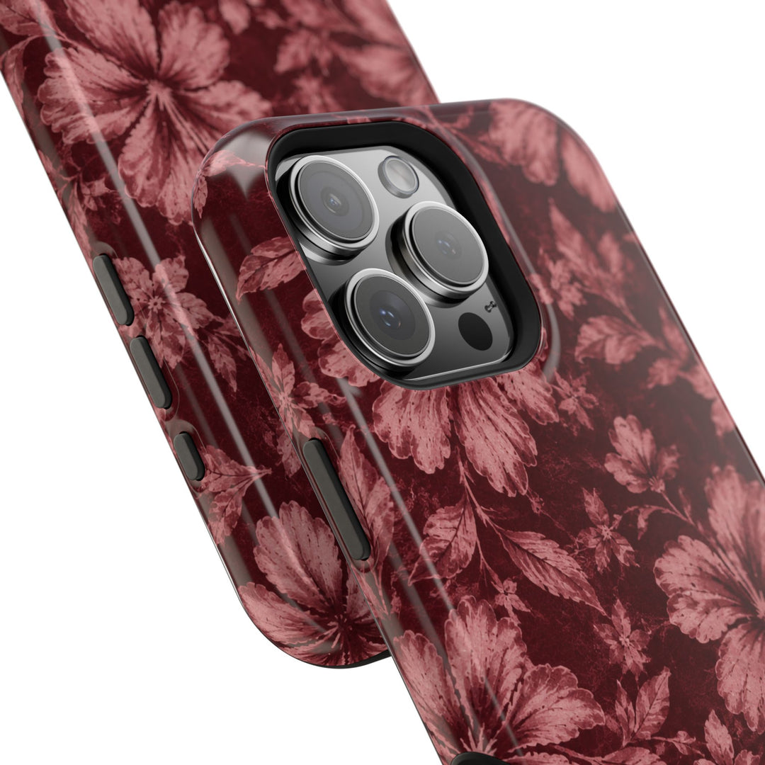Magnetic Impact-Resistant Phone Case — Burgundy Floral Hibiscus Design