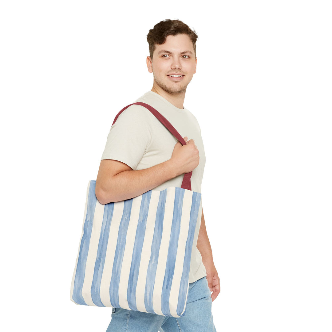 Striped Blue Watercolor Tote Bag — Coastal Beachy Canvas Tote