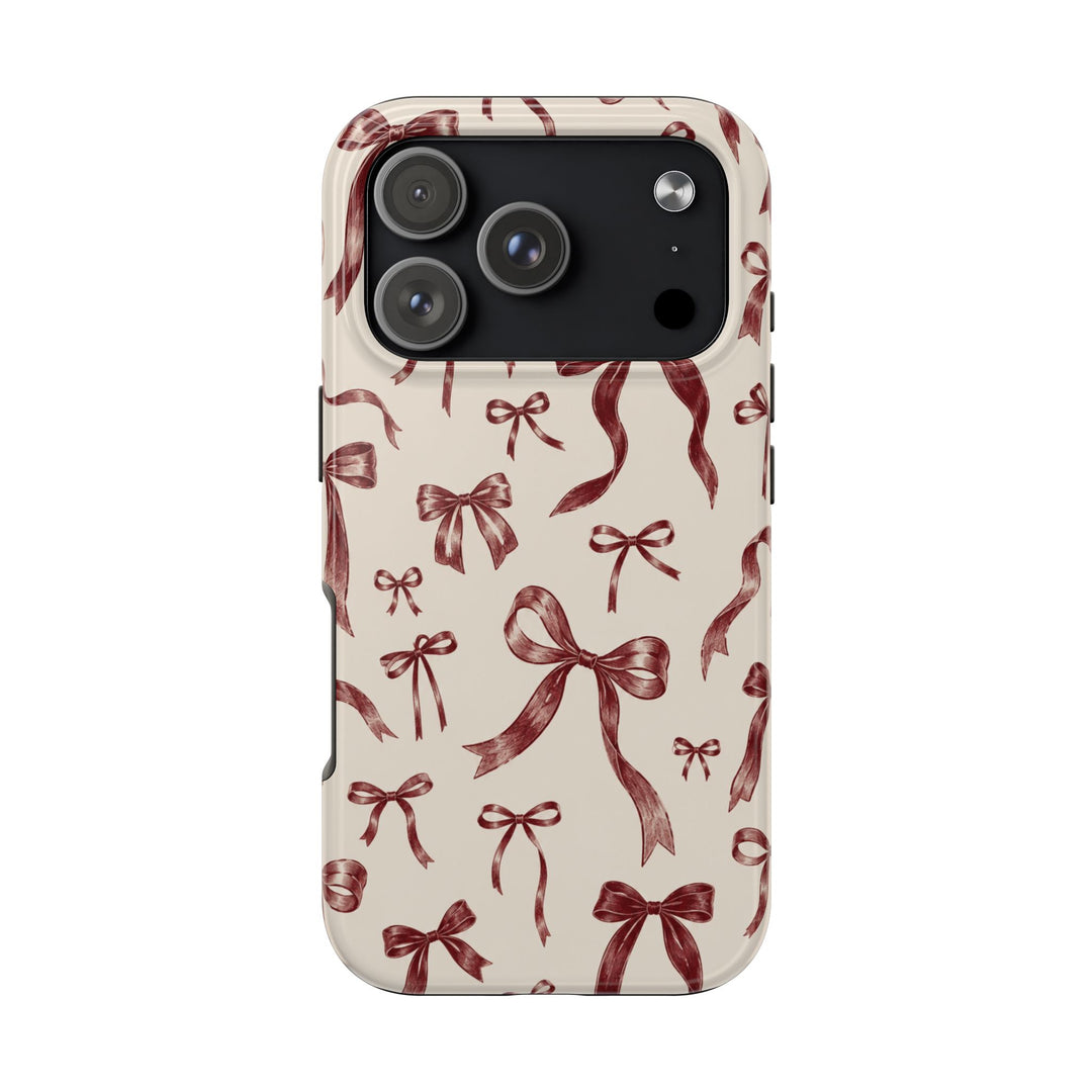 Bow Pattern Tough Phone Case — Vintage Ribbon Print iPhone Case, Protective Hard Cover