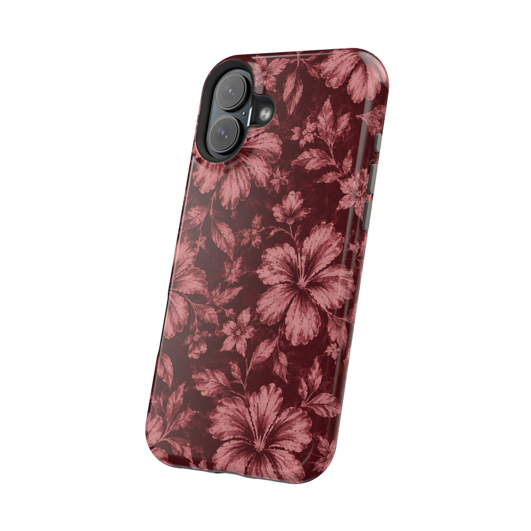 Magnetic Impact-Resistant Phone Case — Burgundy Floral Hibiscus Design