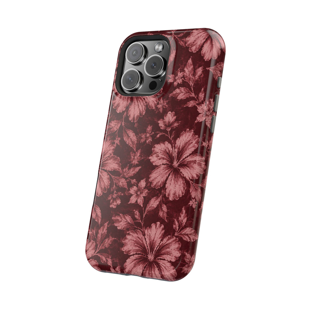 Magnetic Impact-Resistant Phone Case — Burgundy Floral Hibiscus Design