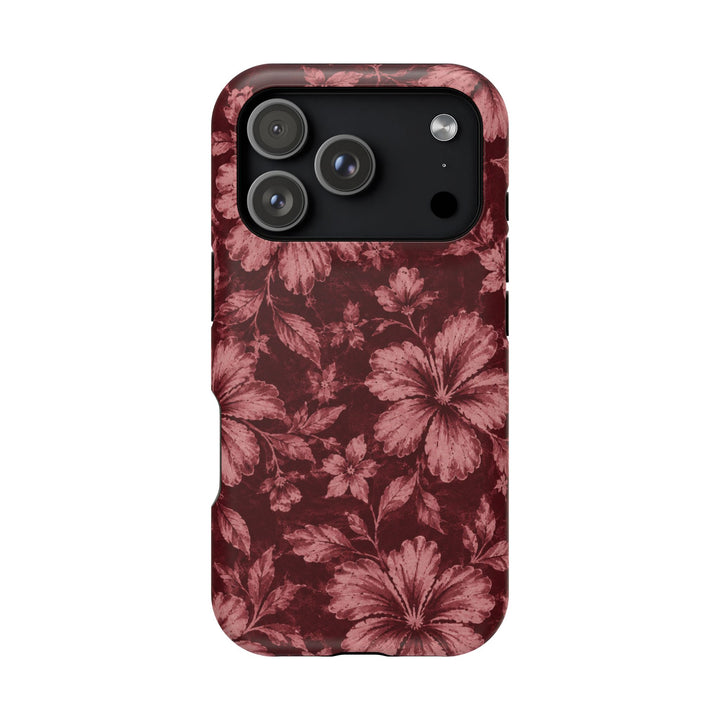 Magnetic Impact-Resistant Phone Case — Burgundy Floral Hibiscus Design
