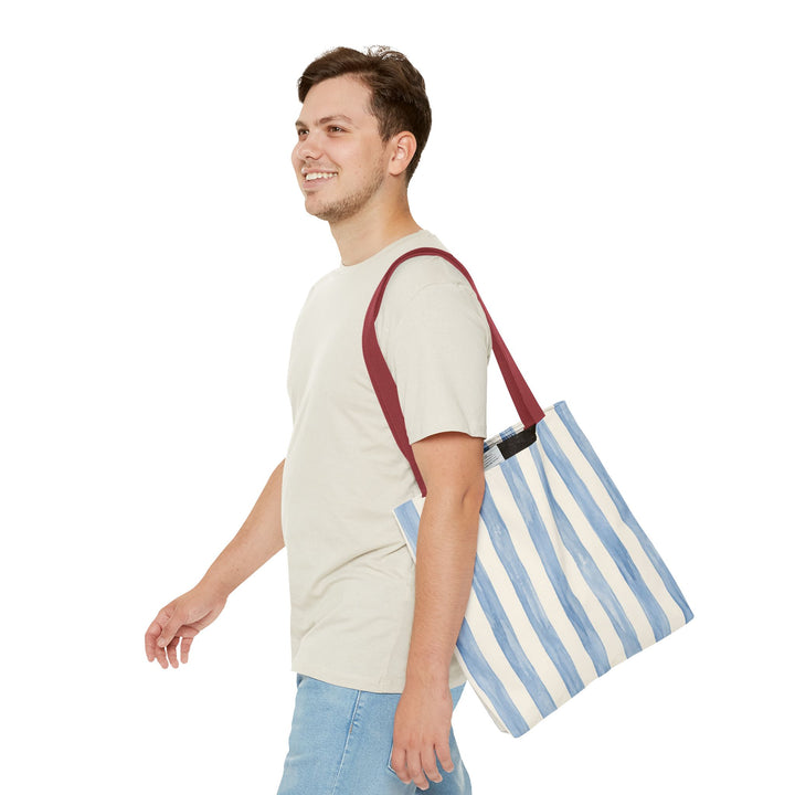 Striped Blue Watercolor Tote Bag — Coastal Beachy Canvas Tote