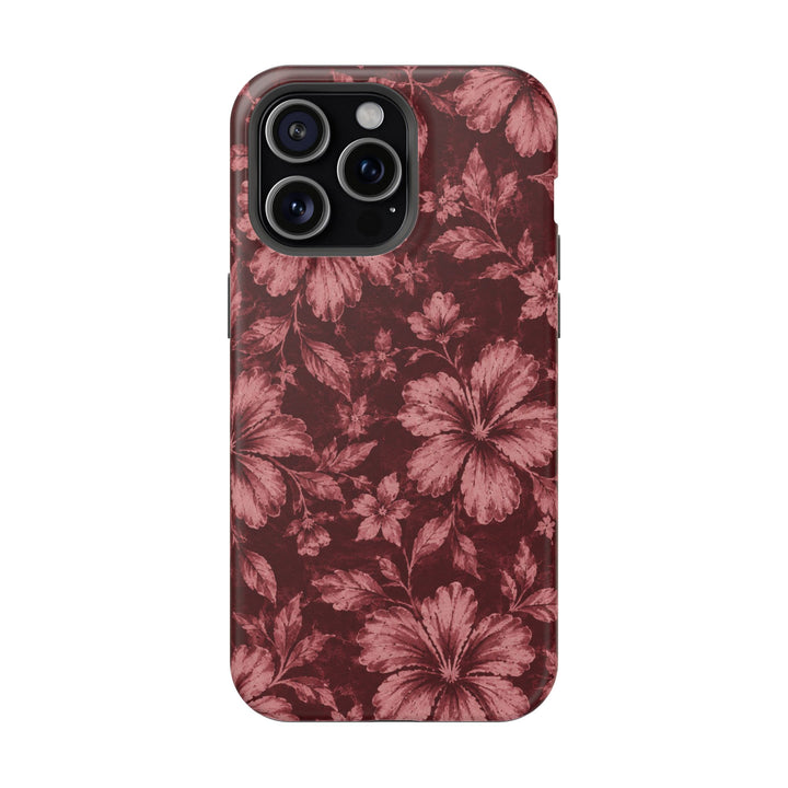 Magnetic Impact-Resistant Phone Case — Burgundy Floral Hibiscus Design