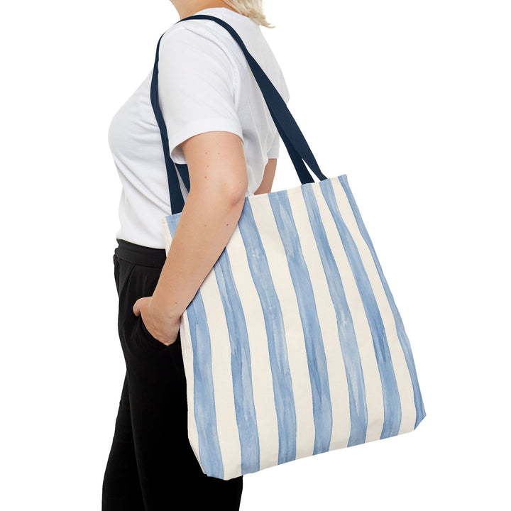 Striped Blue Watercolor Tote Bag — Coastal Beachy Canvas Tote