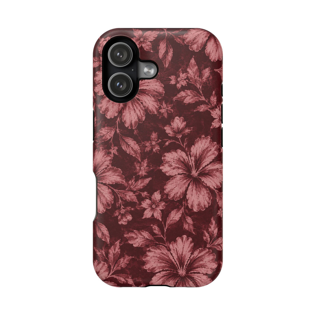 Magnetic Impact-Resistant Phone Case — Burgundy Floral Hibiscus Design
