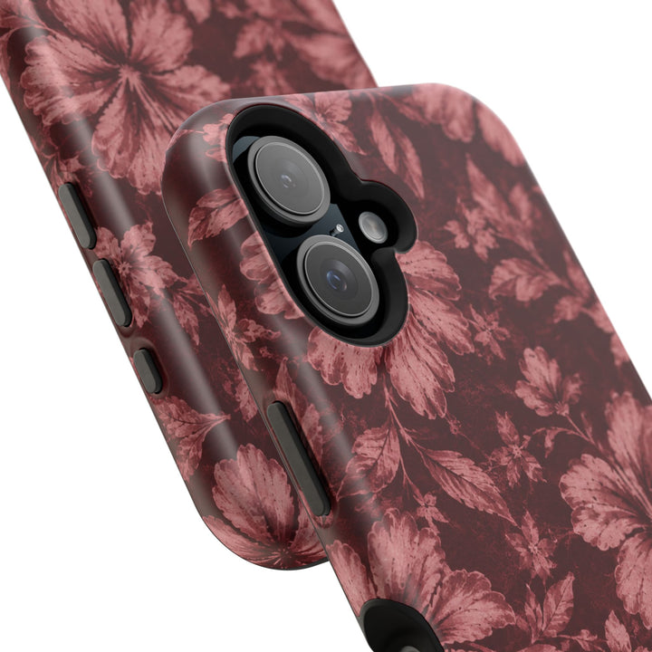 Magnetic Impact-Resistant Phone Case — Burgundy Floral Hibiscus Design