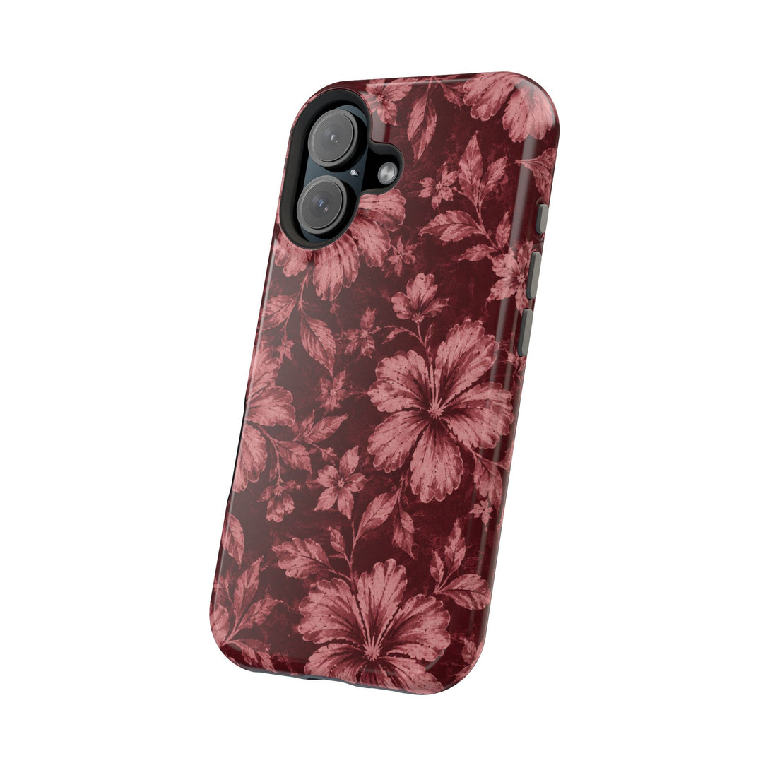 Magnetic Impact-Resistant Phone Case — Burgundy Floral Hibiscus Design