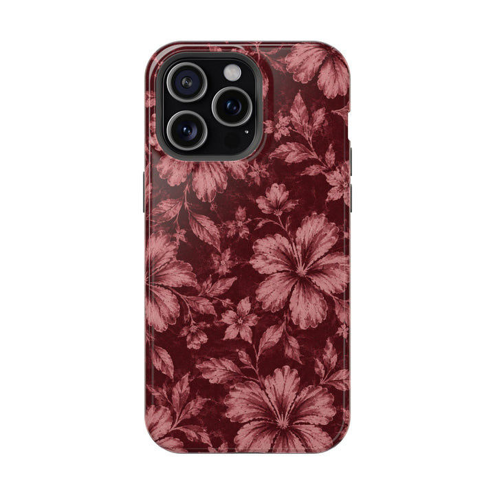 Magnetic Impact-Resistant Phone Case — Burgundy Floral Hibiscus Design