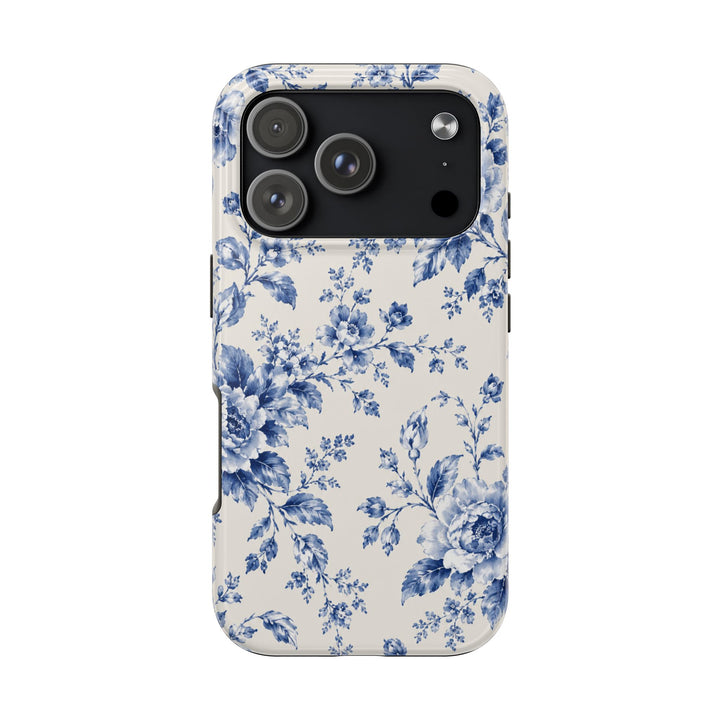 Blue Floral Tough Phone Case — Vintage Porcelain Rose Protective Cover