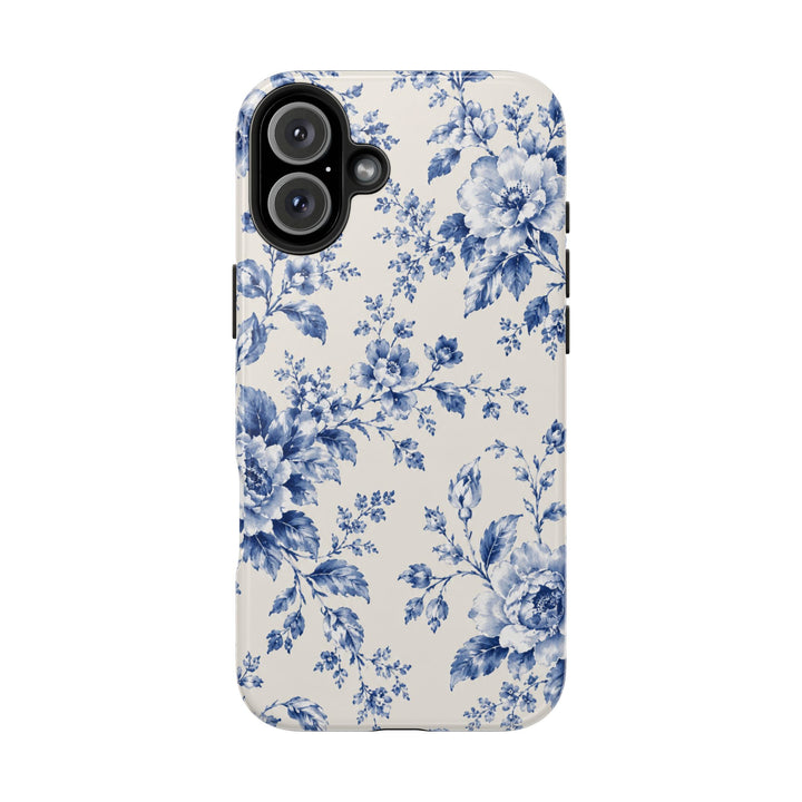 Blue Floral Tough Phone Case — Vintage Porcelain Rose Protective Cover