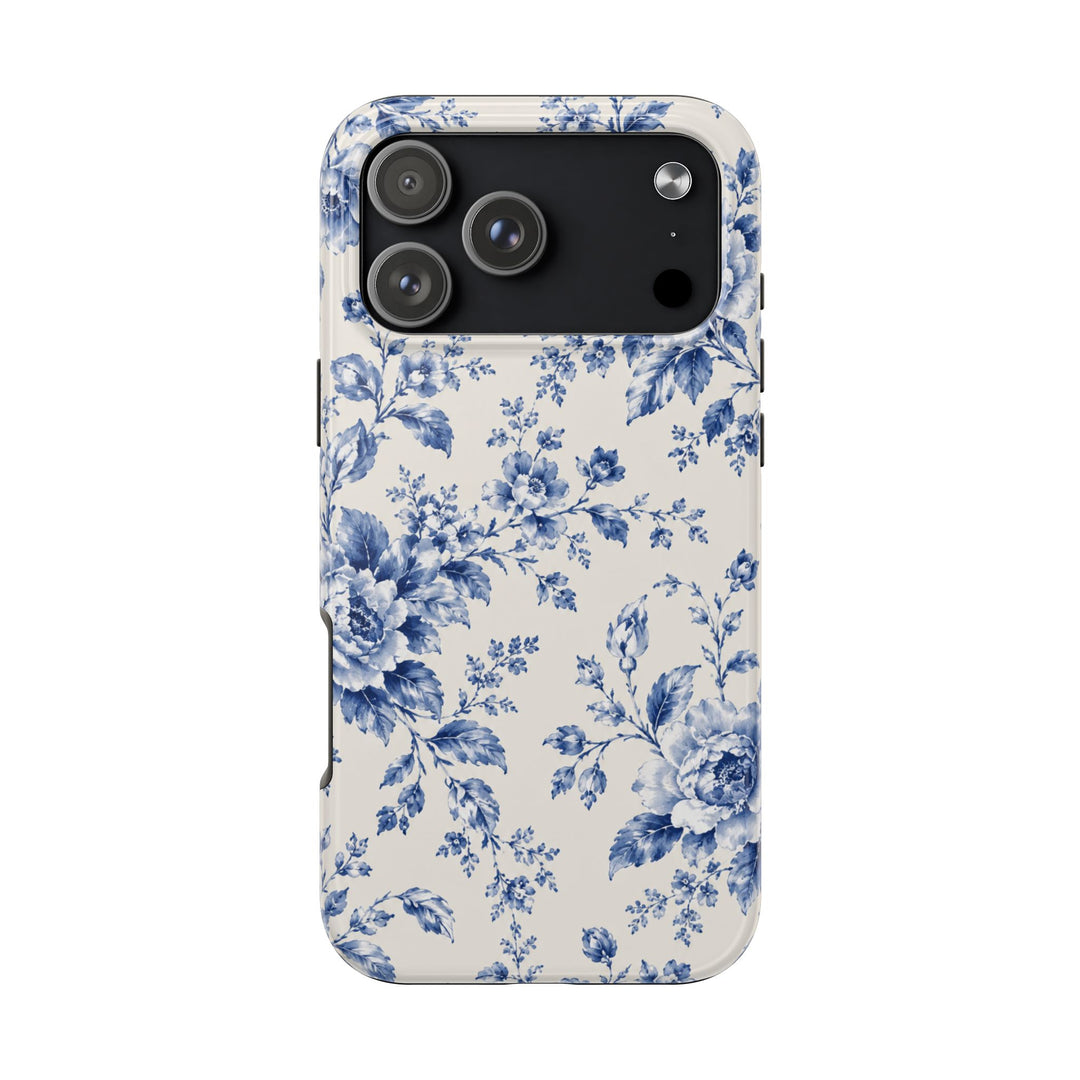 Blue Floral Tough Phone Case — Vintage Porcelain Rose Protective Cover