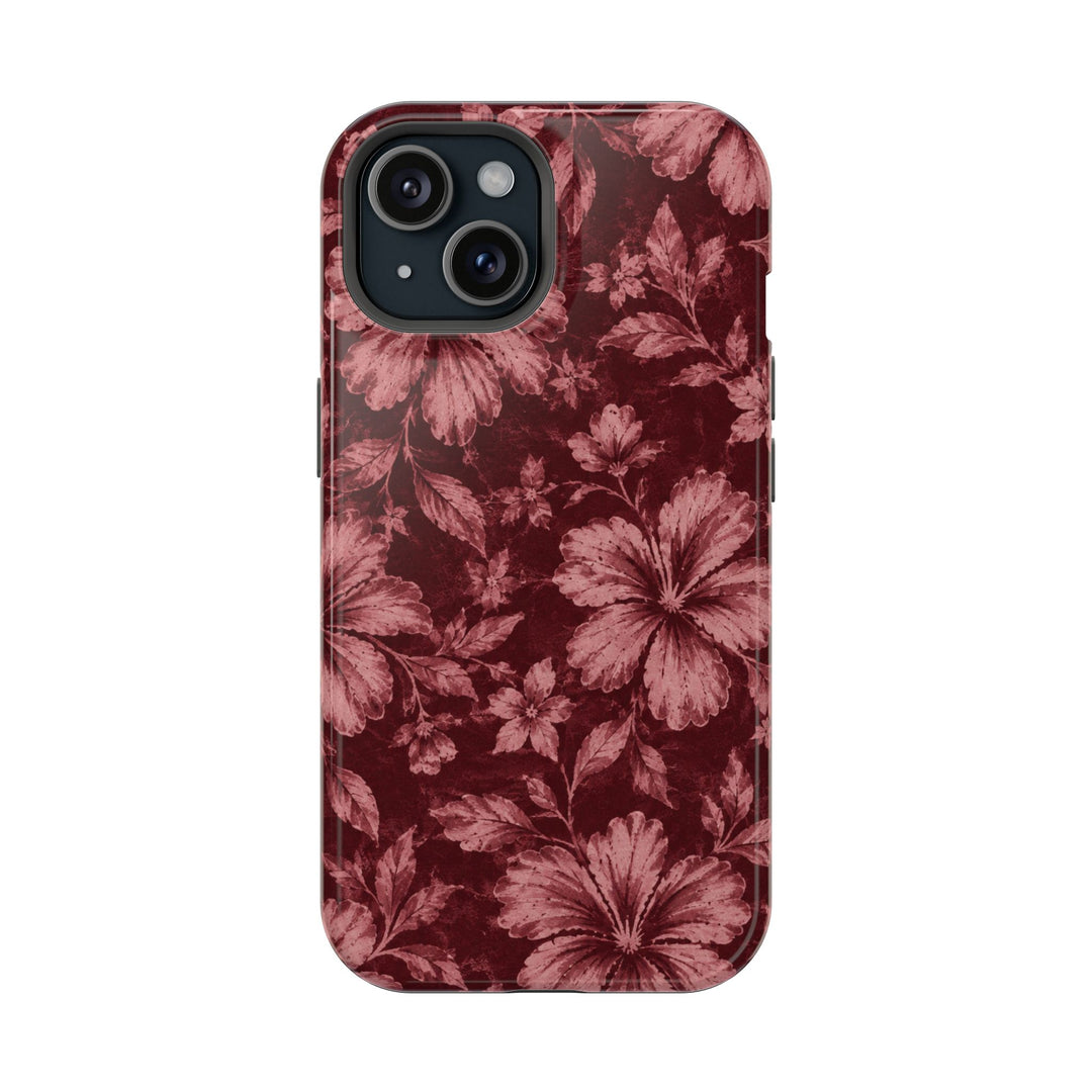 Magnetic Impact-Resistant Phone Case — Burgundy Floral Hibiscus Design