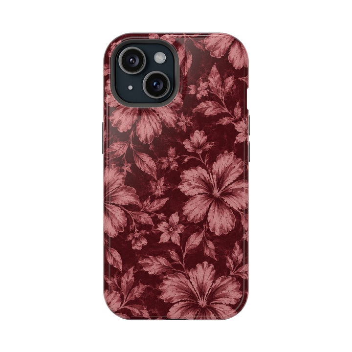 Magnetic Impact-Resistant Phone Case — Burgundy Floral Hibiscus Design