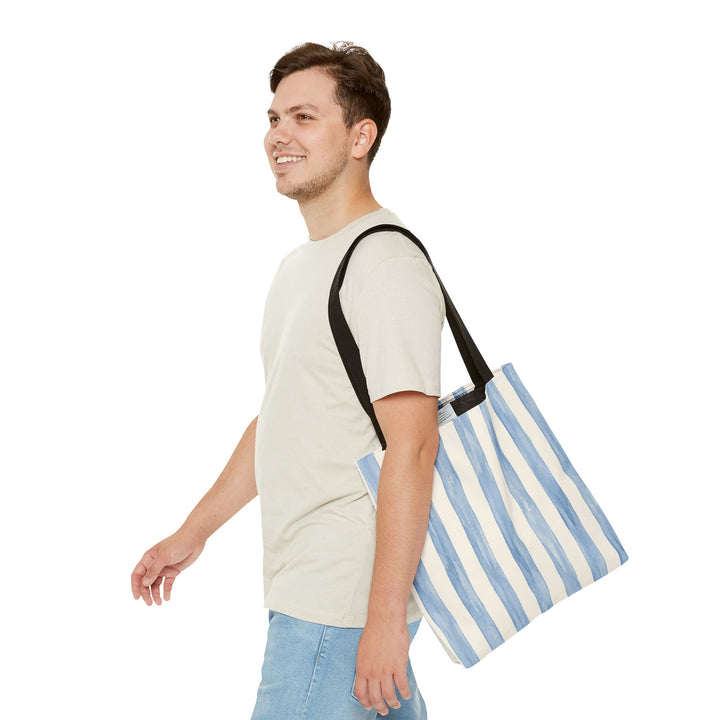 Striped Blue Watercolor Tote Bag — Coastal Beachy Canvas Tote