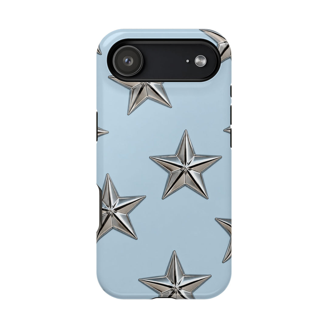 Star Pattern Magnetic Impact-Resistant Phone Case — Metallic Stars on Sky Blue