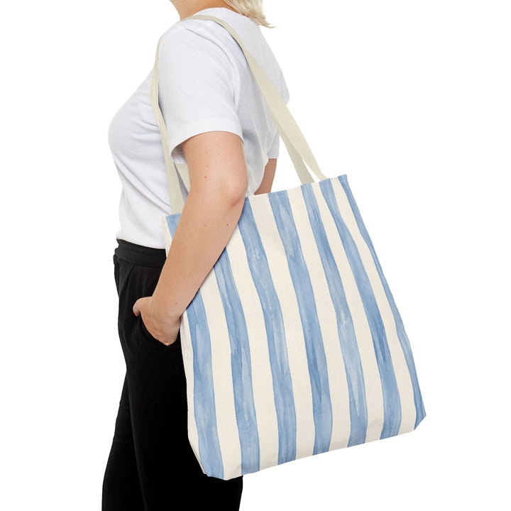Striped Blue Watercolor Tote Bag — Coastal Beachy Canvas Tote