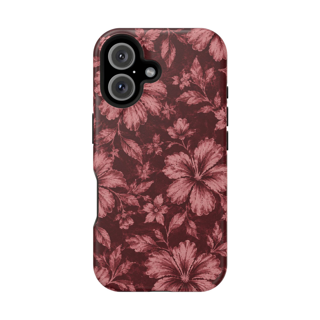 Magnetic Impact-Resistant Phone Case — Burgundy Floral Hibiscus Design