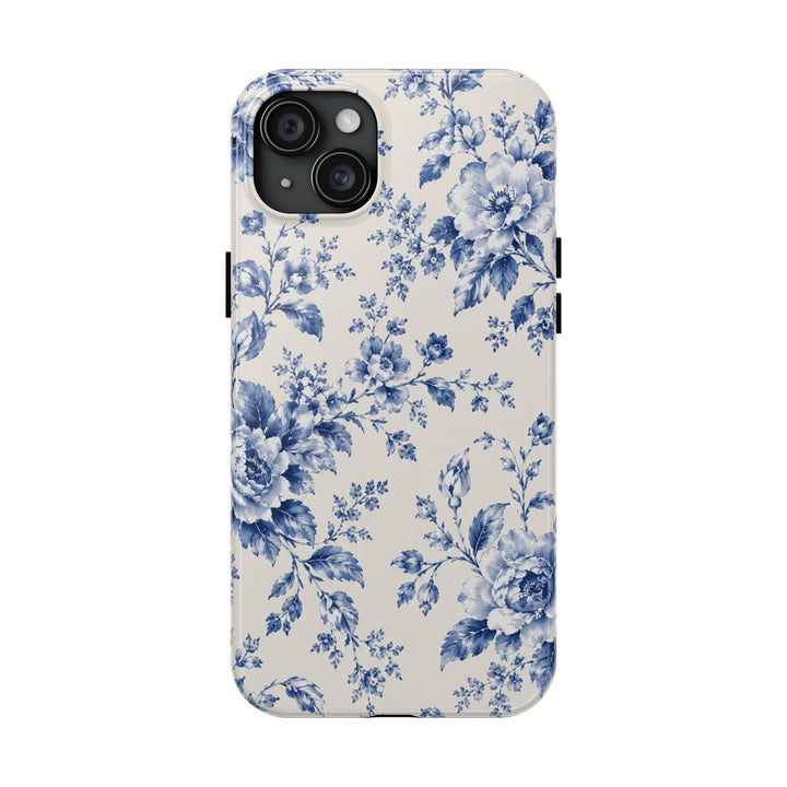 Blue Floral Tough Phone Case — Vintage Porcelain Rose Protective Cover