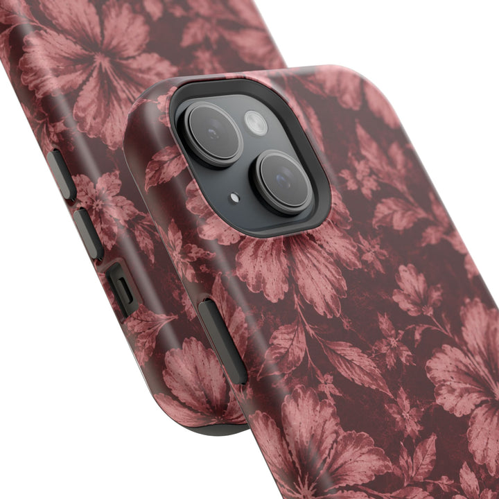 Magnetic Impact-Resistant Phone Case — Burgundy Floral Hibiscus Design