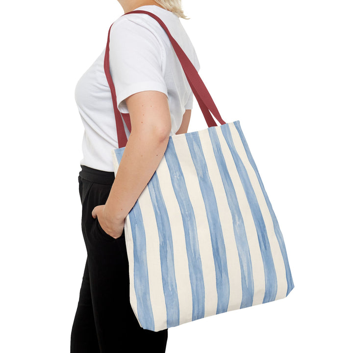 Striped Blue Watercolor Tote Bag — Coastal Beachy Canvas Tote