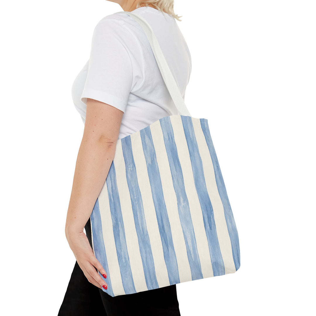 Striped Blue Watercolor Tote Bag — Coastal Beachy Canvas Tote