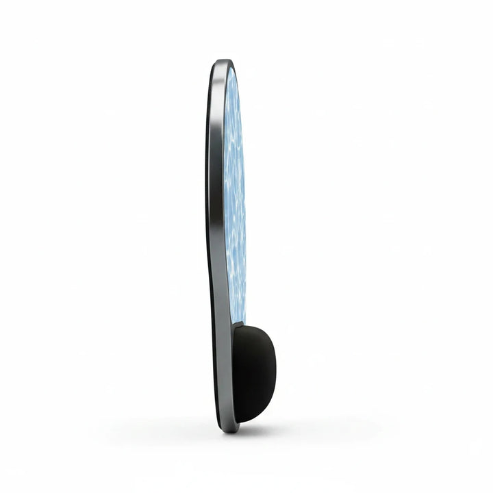 Sunday Theory Aqua Ripple mouse pad with ergonomic black memory foam wrist rest, side profile view