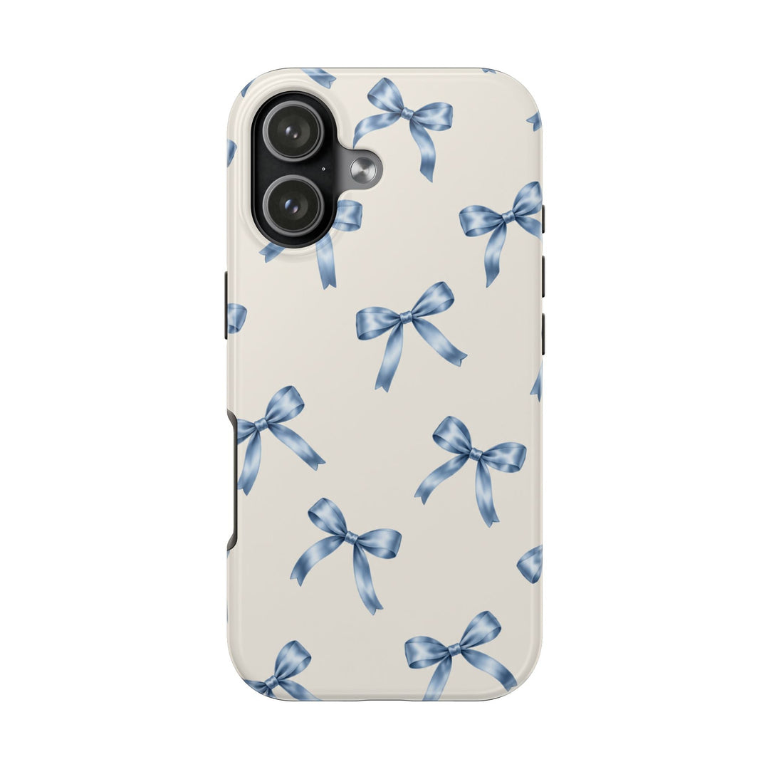 Sunday Theory protective phone case with a cream background and watercolor blue ribbon bow pattern, glossy finish.