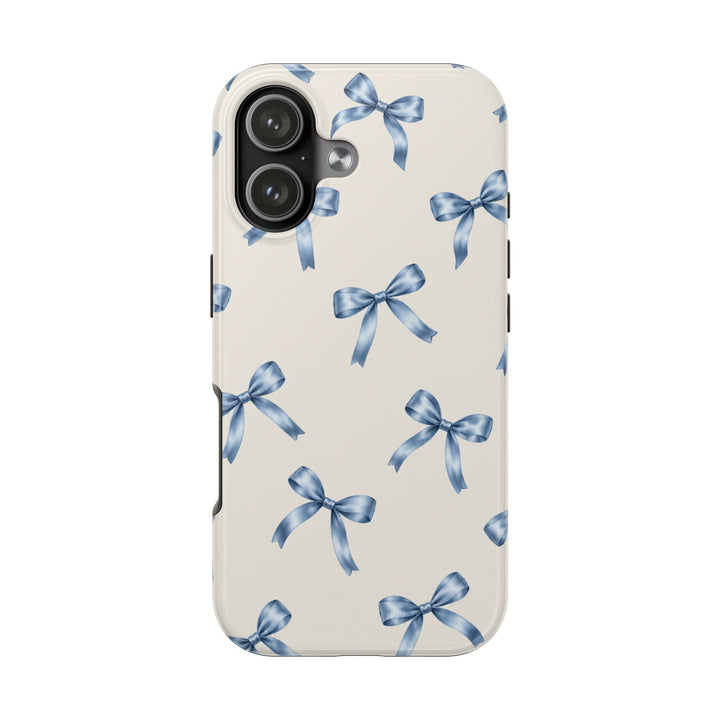 Sunday Theory protective phone case with a cream background and watercolor blue ribbon bow pattern, glossy finish.