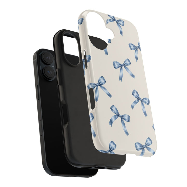 Sunday Theory protective phone case with cream background and blue watercolor bow pattern and black rubber liner