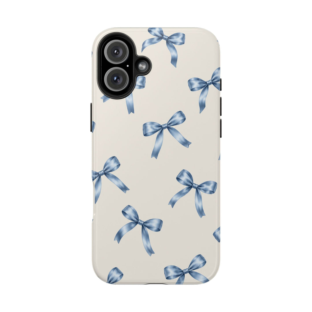 Sunday Theory protective phone case with a cream background and watercolor blue bow pattern in a glossy finish.