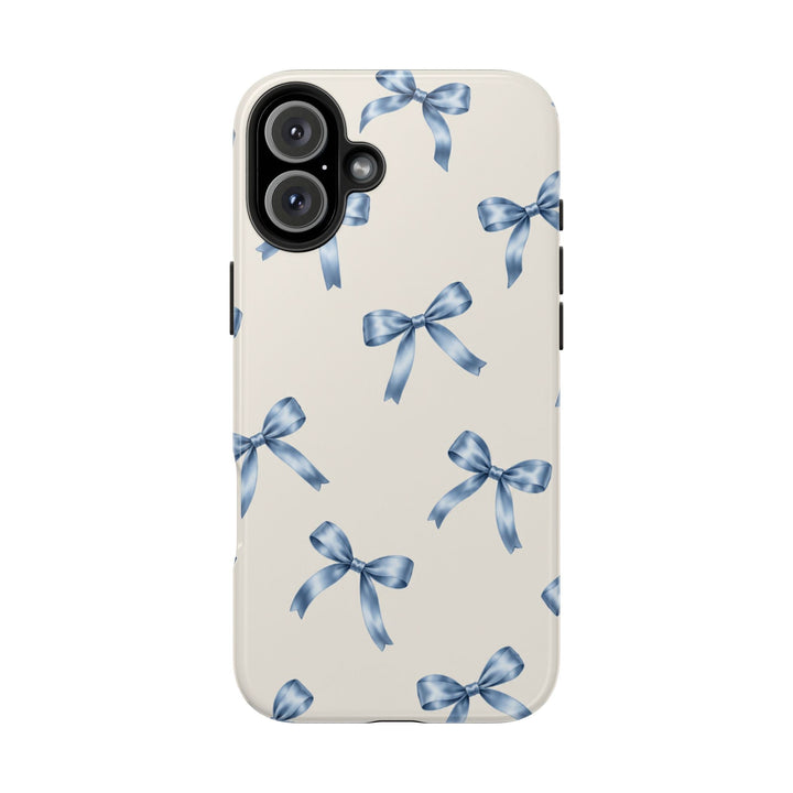 Sunday Theory protective phone case with a cream background and watercolor blue bow pattern in a glossy finish.