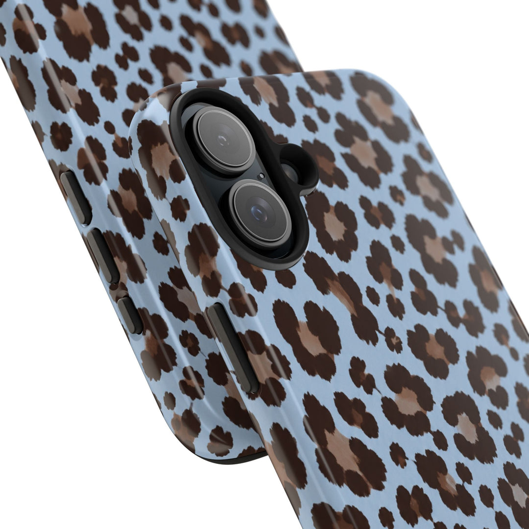 Sunday Theory blue leopard print tough phone case with dual-layer protective shell and glossy finish
