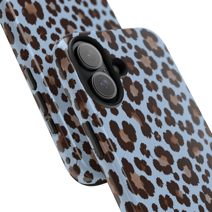 Sunday Theory blue leopard print tough phone case with dual-layer protective shell and glossy finish