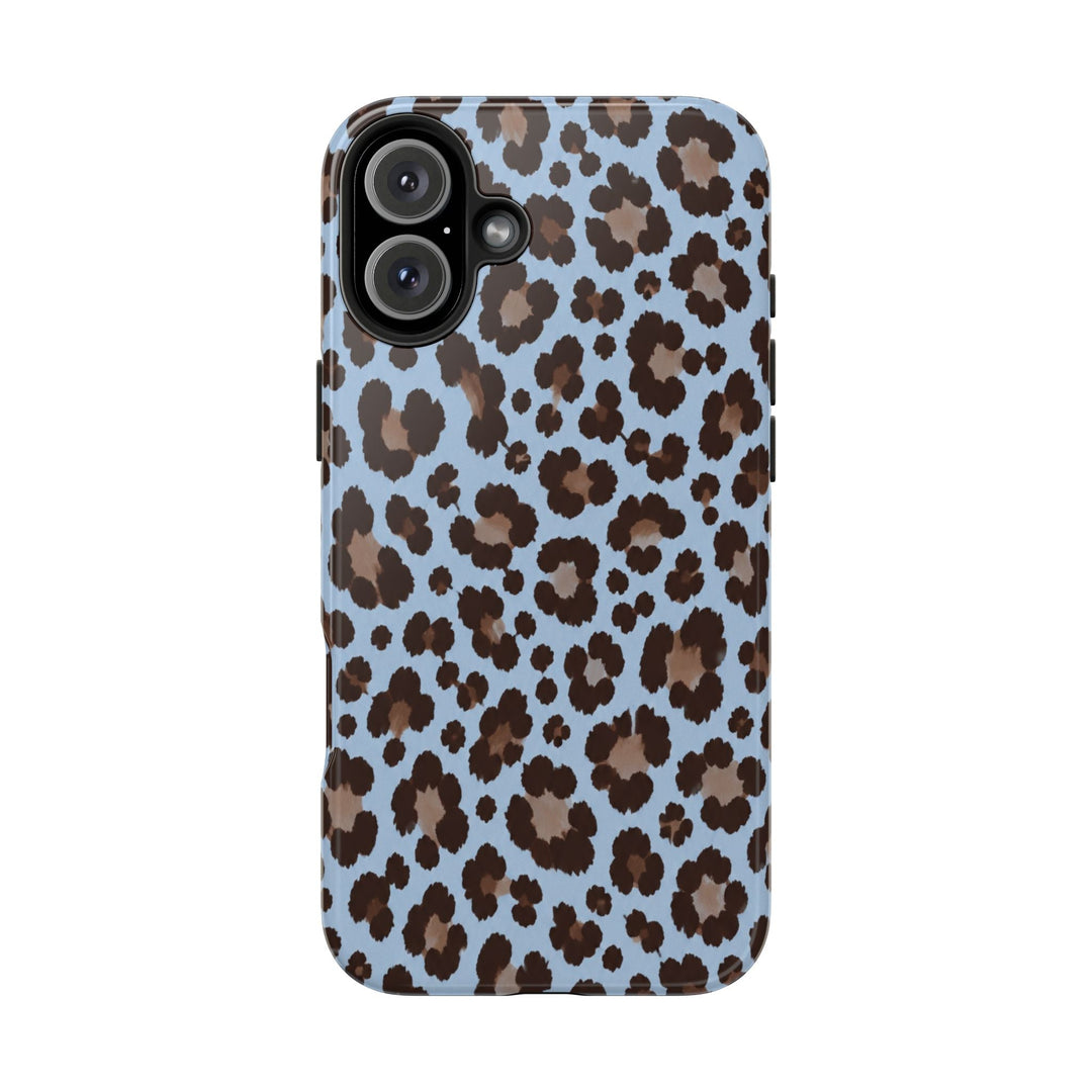 Sunday Theory blue leopard print tough phone case with a glossy finish and shock-absorbent protective design.