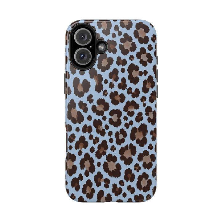 Sunday Theory blue leopard print tough phone case with a glossy finish and shock-absorbent protective design.