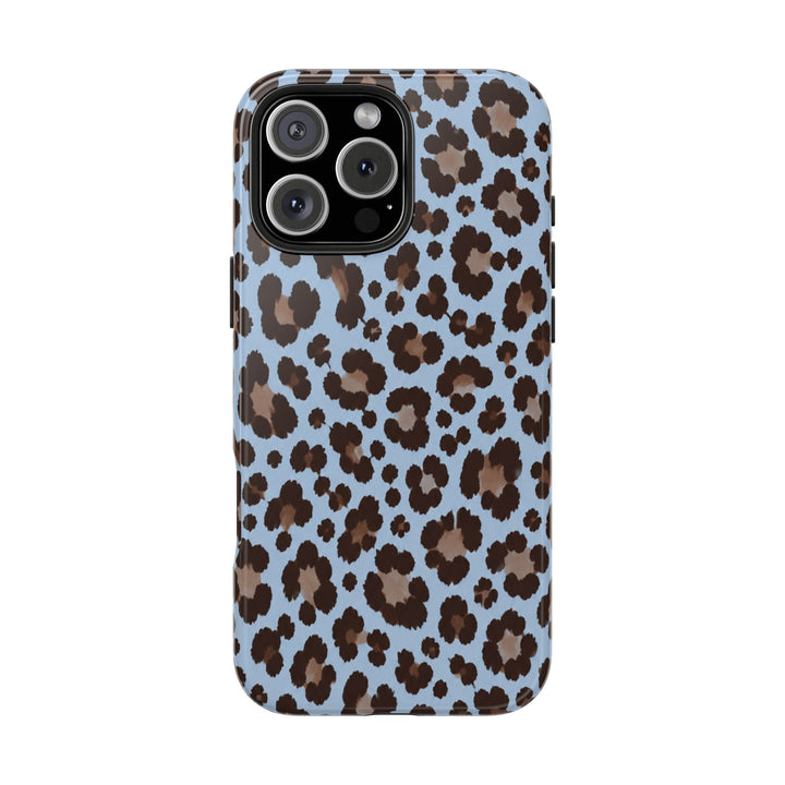 Sunday Theory blue leopard print protective phone case with a glossy finish and durable dual-layer construction