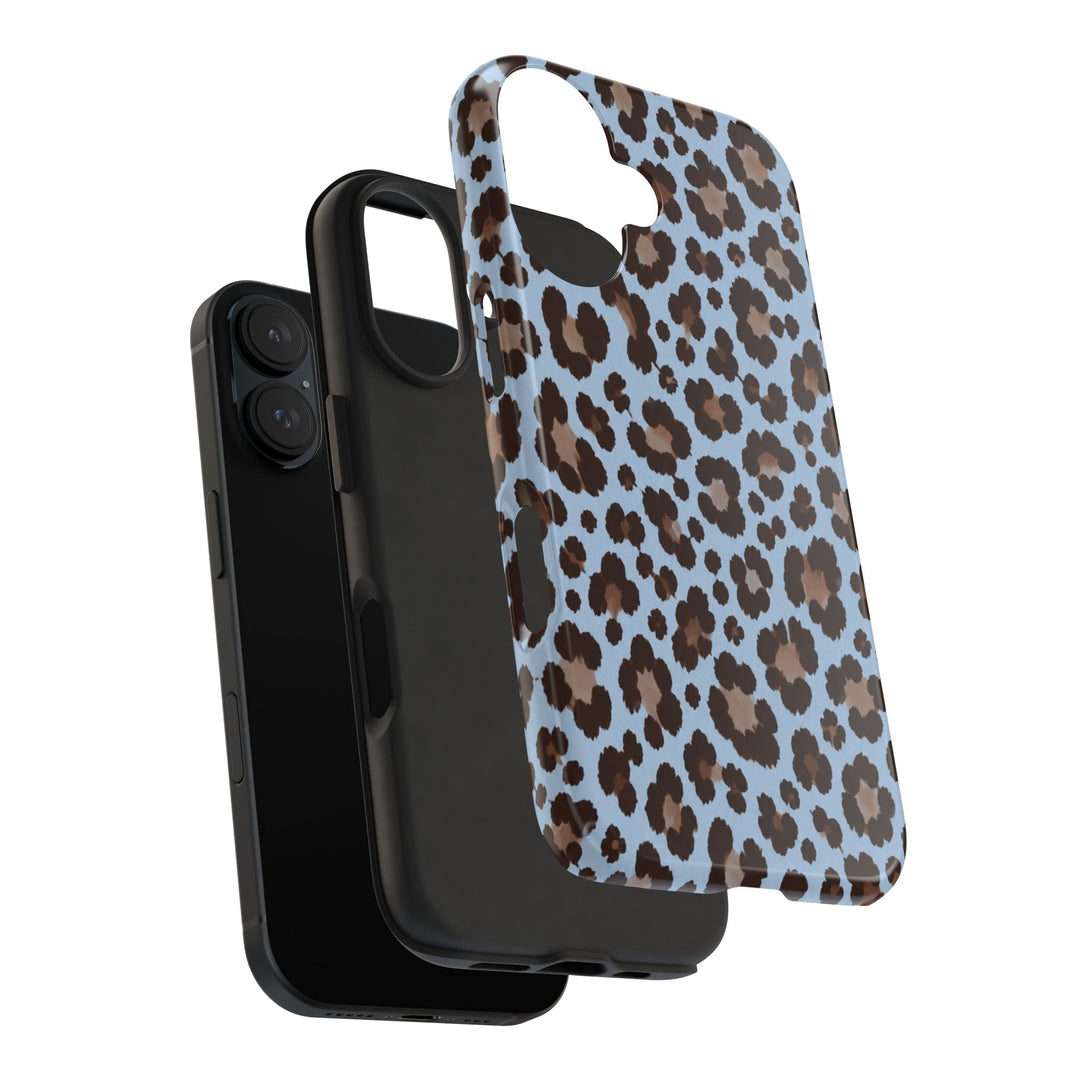 Sunday Theory blue leopard print tough phone case with a black protective TPU liner and glossy polycarbonate shell.