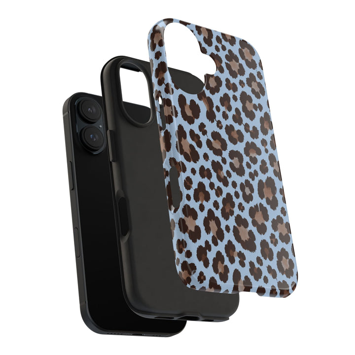 Sunday Theory blue leopard print tough phone case with a black protective TPU liner and glossy polycarbonate shell.