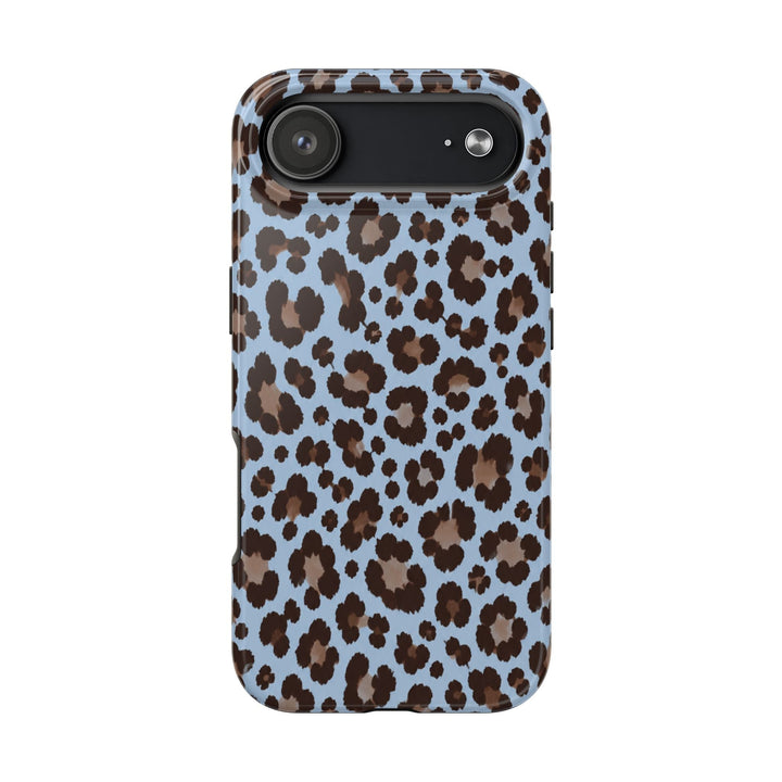 Sunday Theory blue leopard print tough phone case with a glossy finish and protective shock-absorbent construction.