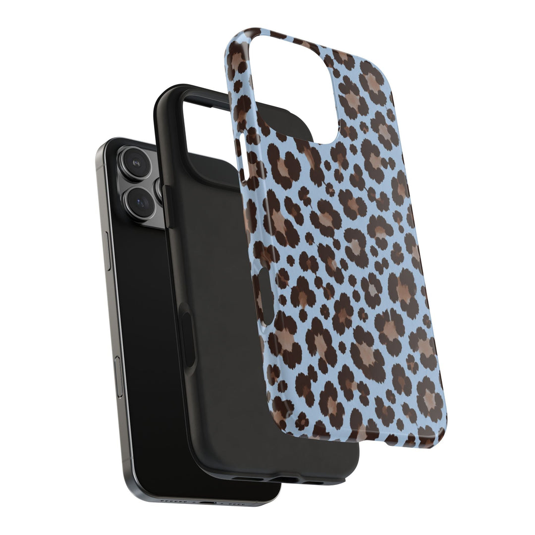 Sunday Theory blue leopard print tough phone case with a protective polycarbonate shell and black TPU liner