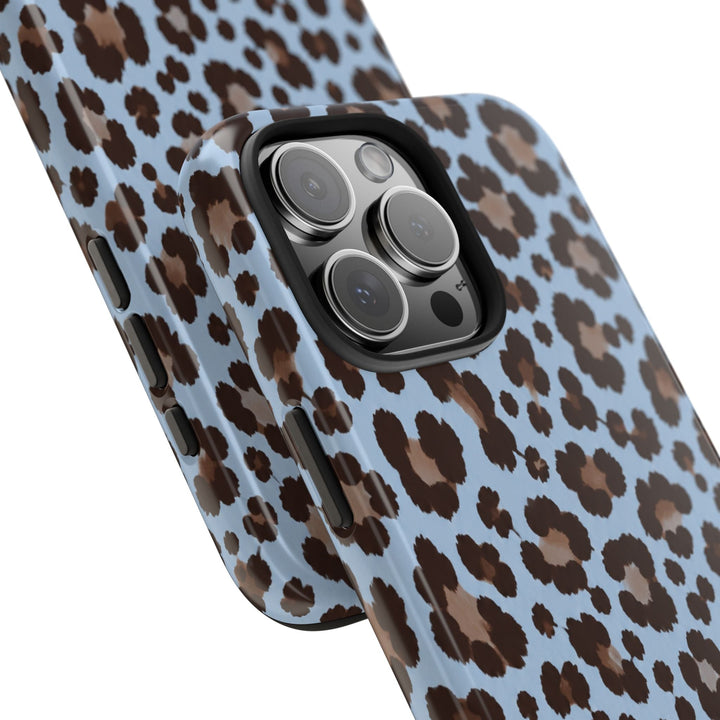 Sunday Theory blue leopard print tough phone case with a protective glossy shell and shock-absorbing TPU liner