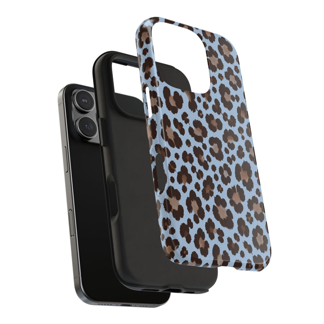 Sunday Theory blue leopard print tough phone case with a protective black TPU liner and glossy polycarbonate shell.