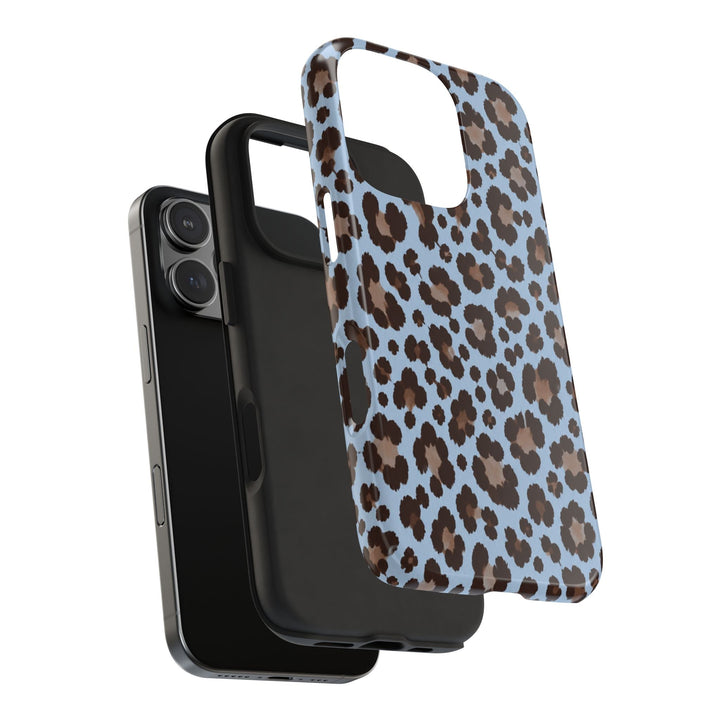 Sunday Theory blue leopard print tough phone case with a protective black TPU liner and glossy polycarbonate shell.